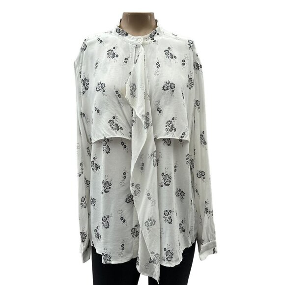 Club Monaco Ferttee Shirt Floral Print Blouse Ruffle Button Details White Size L - Picture 3 of 14